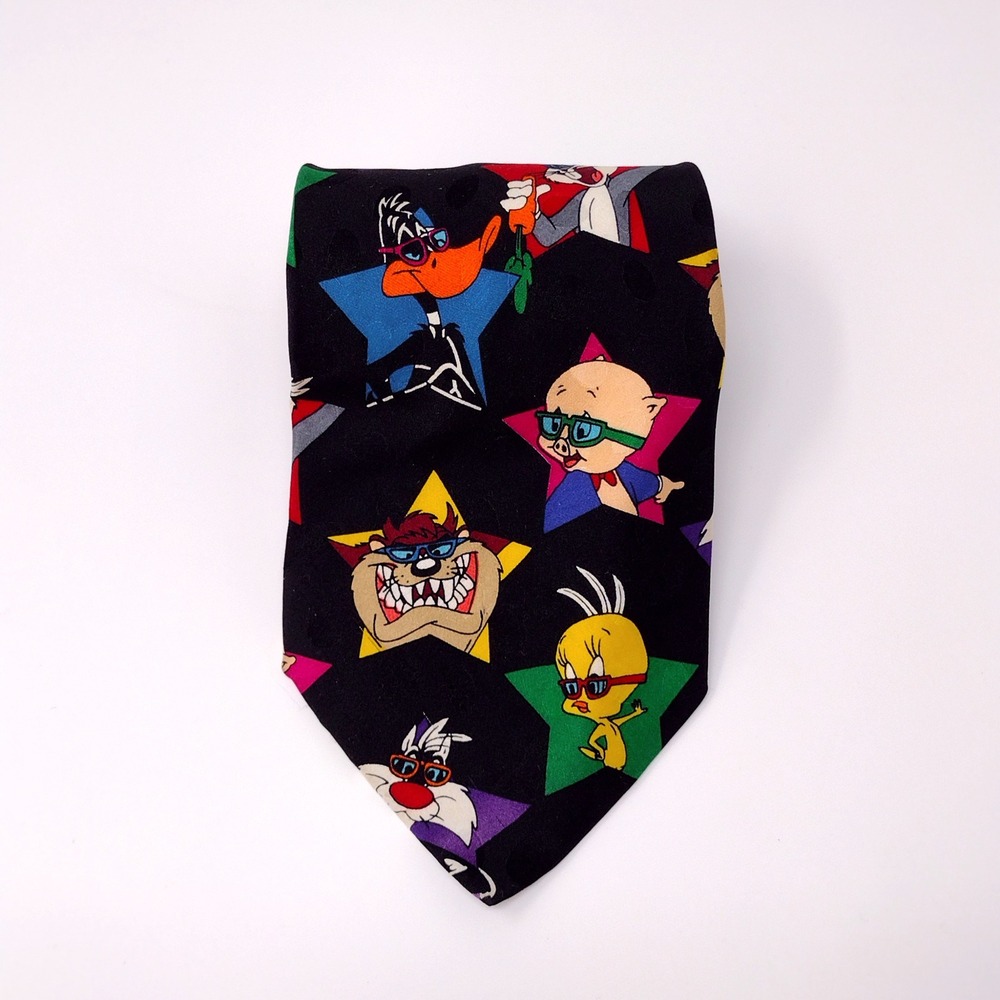 Vintage 1994 Looney Tunes Mania Silk Tie Bugs Bunny Daffy Duck Taz‎ Black Mens